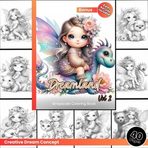 May include: A grayscale coloring book titled "Dreamland Vol 2: Grayscale Coloring Book" with a cover featuring a fairy riding a dragon. The book is part of the "Creative Dream Concept" series and has 40 pages.