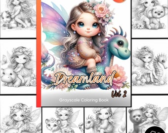May include: A grayscale coloring book titled "Dreamland Vol 2: Grayscale Coloring Book" with a cover featuring a fairy riding a dragon. The book is part of the "Creative Dream Concept" series and has 40 pages.