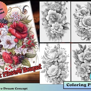 Páginas para colorear de flores imprimibles, Libro para colorear, Adultos y niños, Coloración en escala de grises de ramo, Descarga instantánea imprimible, Carta de EE. UU. PDF
