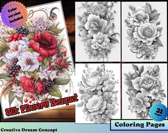 Printable Flower Coloring Pages, Coloring Book, Adults and Kids, Bouquet Grayscale Coloring, Instant Download Printable, US Letter PDF