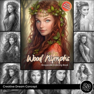 Wood Nymphs Coloring Page for Adults and for Kids Cute Girls Grayscale Coloring Book, Beautiful Woman Printable PDF Instant Download