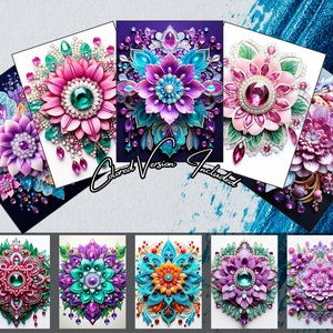 May include: A set of 8 colorful floral mandala designs with intricate details and jewel-toned accents. Each design features a central flower surrounded by smaller flowers and geometric patterns.