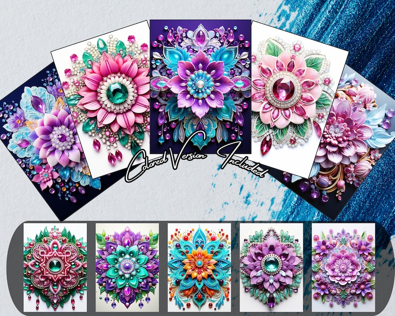 May include: A set of 8 colorful floral mandala designs with intricate details and jewel-toned accents. Each design features a central flower surrounded by smaller flowers and geometric patterns.