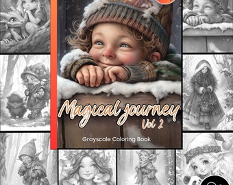 May include: A grayscale coloring book titled "Magical Journey Vol 2" with 24 pages. The cover features a variety of illustrations of children and animals in winter scenes. The book is by Creative Dream Concept.
