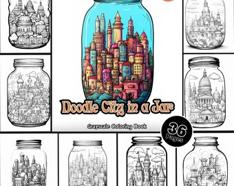 Doodle City in a Jar Coloring Page for Adults Cute Landscape Coloring Book Relaxing Town Colouring Printable PDF Instant Download