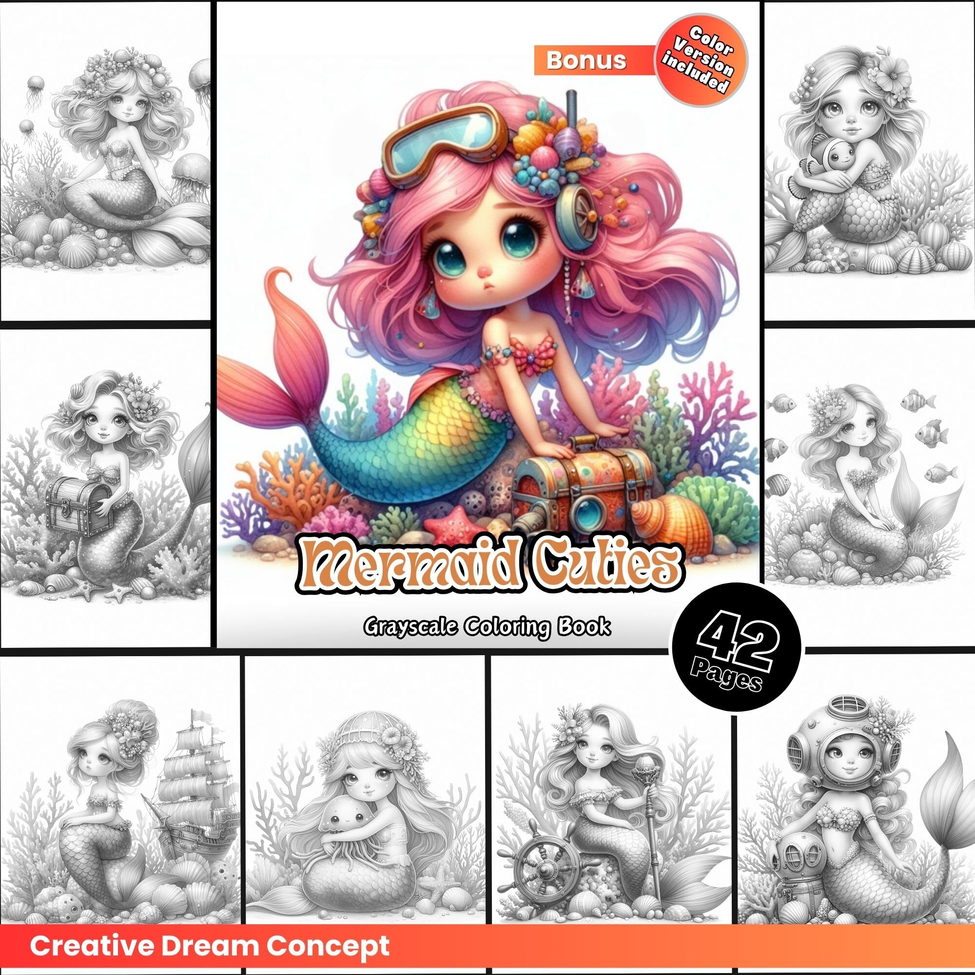 Mermaid Cuties Coloring Page for Adults Cute Kawaii Siren Coloring Book for Kids, Printable PDF Instant Download Coloring Page