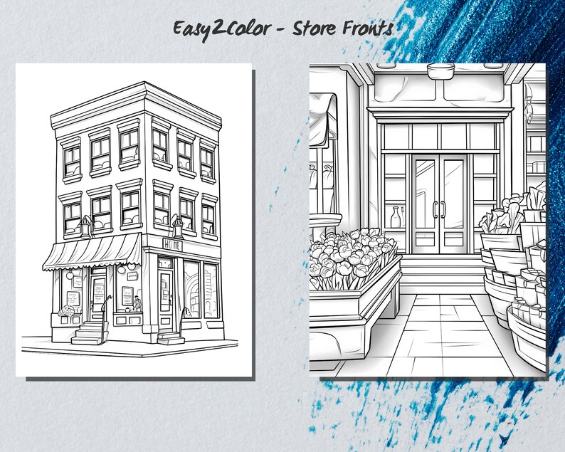 May include: A black and white line drawing of a storefront with a striped awning. The storefront has a large window and a door. There are flowers in pots outside the store.