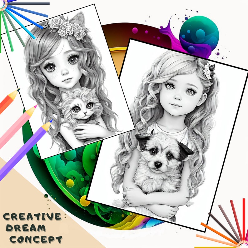 Adorable Girls With Animals Coloring Pages for Adults - Etsy
