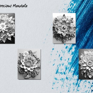 May include: Four black and white paper flower arrangements in a mandala style. The flowers are made of paper and have a 3D effect. The flowers are arranged in a circular pattern.