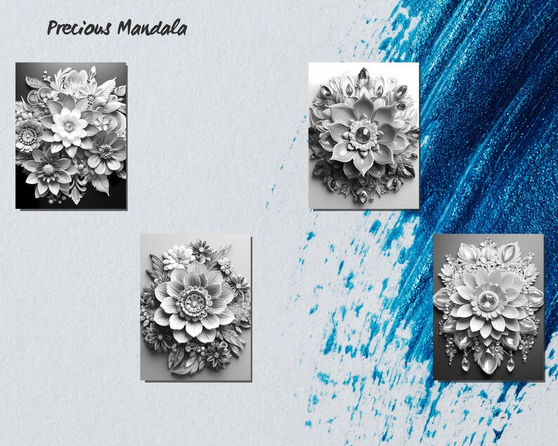 May include: Four black and white paper flower arrangements in a mandala style. The flowers are made of paper and have a 3D effect. The flowers are arranged in a circular pattern.