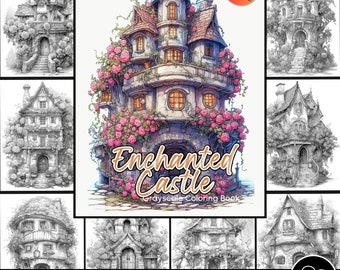 Enchanted Castle coloring Pages for Adults Fort Flower House Grayscale Coloring Book Download Homes Illustration Printable coloring digital