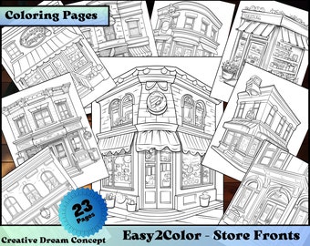 Devantures de magasins à colorier imprimables pour adultes et enfants, bâtiments en niveaux de gris faciles à colorier, magasins, procréer, format lettre téléchargement instantané pdf