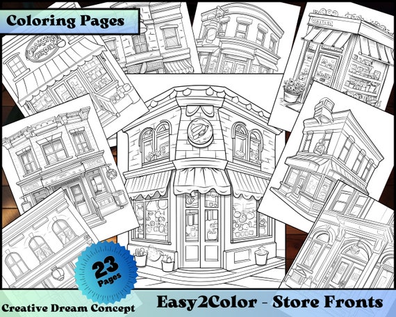 Storefronts Coloring Printable for adults and kids, Grayscale Easy to Color Buildings, Shops, Procreate, Letter Size instant download pdf