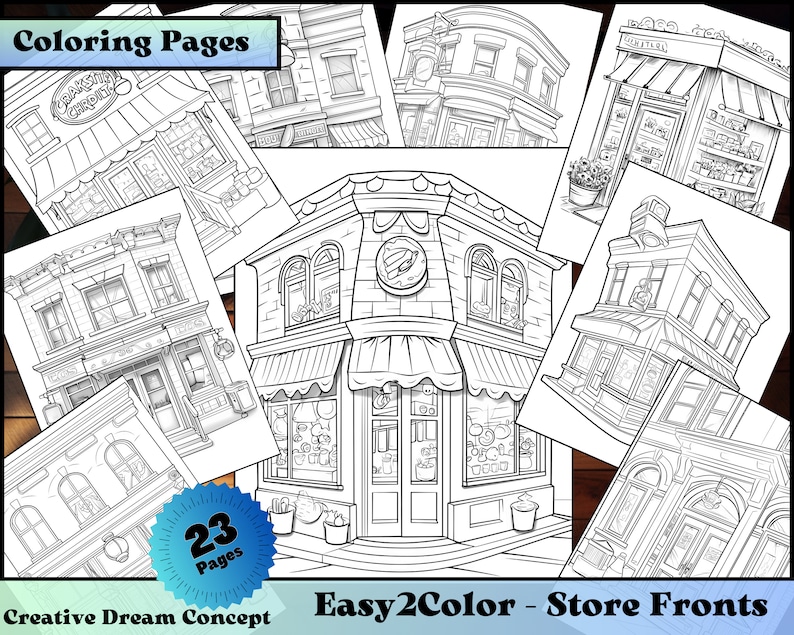 May include: A set of 23 coloring pages featuring black and white illustrations of various store fronts. The pages are titled "Easy2Color - Store Fronts".