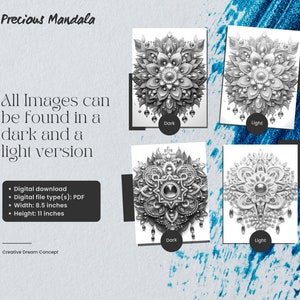 May include: Two versions of a detailed mandala design, one in a dark color scheme and one in a light color scheme. The mandala is a circular design with intricate details and a central flower. The image includes the text "Precious Mandala" and "All Images can be found in a dark and a light version".