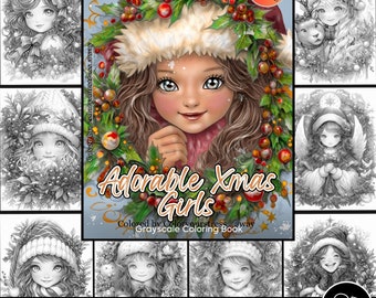 May include: A grayscale coloring book featuring 25 pages of adorable Christmas girls. The cover features a girl with long brown hair wearing a red and white Santa hat with a holly wreath around her head. The book is titled "Adorable Xmas Girls" and includes the text "Colored by ColorYourStressAway Grayscale Coloring Book".