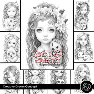 Adorable Girls with Animals Coloring Pages for Adults Instant download Illustration Grayscale cute animal coloring book Printable PDF