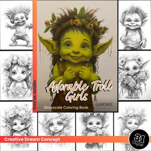 Adorable Troll Girls Coloring Page for Adults Cute Fantasy Coloring Book, Printable PDF Instant Download Coloring Page