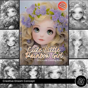 Petite fille arc-en-ciel à colorier pour adultes Jolie fille aux fleurs livre de coloriage en niveaux de gris, fleur imprimable femme portrait PDF téléchargement immédiat
