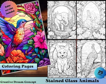 Stained Glass Animals Coloring Page for Adults and kids Instant Download Grayscale Animal and flowers Coloring Book for her Printable PDF