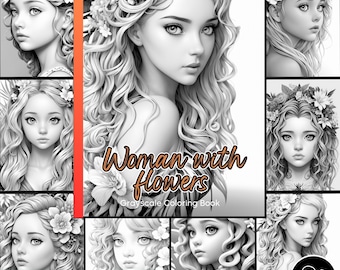 Beautiful Woman Coloring Pages for Adults Grayscale Cute Girls Coloring Book Instant Download Flower Hair Style Illustration Printable PDF