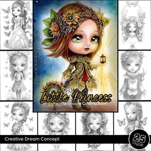 Belles petites princesses à colorier pour adultes | Livre de coloriage papillons en niveaux de gris | Télécharger le fichier PDF imprimable de l&#39;illustration en niveaux de gris