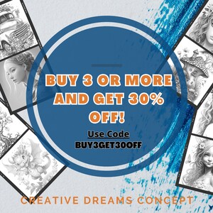 May include: A blue and orange circle with the text "BUY 3 OR MORE AND GET 30% OFF! Use Code BUY3GET300FF" surrounded by black and white illustrations of various subjects, including a truck, a dragon, a flower, and a girl.