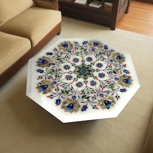 White Marble Coffee Table – Elegant Floral Inlay Art with Handcrafted Marble Top and Modern Furniture Luxury Living Room