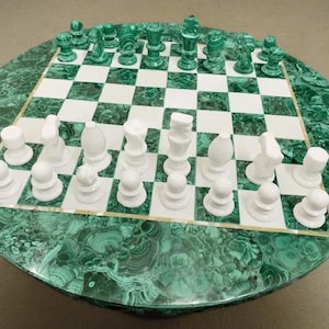 Christmas Gift Stunning Vintage Malachite Chessboard with hand carved contemporary designed marble chess pieces (complete set)