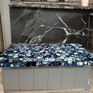 Stunning Blue Agate Dining Table Top – Handmade Gemstone Kitchen Counter Slab, Luxury Console Bar & Crystal Healing Home Decor