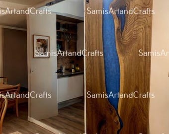 Custom Acacia Wood Barn Door, Blue Epoxy Resin, Hanging Interior Door