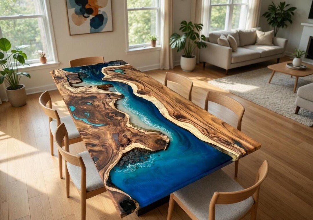 Blue Ocean Epoxy Acacia Wood Table Top, Custom Resin Art - Etsy