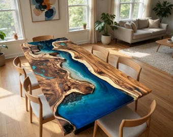 Tampo de mesa em madeira de acácia com resina epóxi azul oceano, arte personalizada em resina.