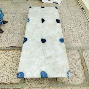 Custom Made Dining Table With Blue & White Quartz Agate Stone Arts/Kitchen Slab, Handmade Quartz Counter Top Interior Furniture Decor