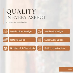 Pode incluir: Um gr&aacute;fico com o texto "QUALIDADE EM CADA ASPECTO" e a frase "uma escolha de satisfa&ccedil;&atilde;o." O gr&aacute;fico apresenta seis bot&otilde;es marrons com &iacute;cones e texto brancos. Os bot&otilde;es destacam a qualidade do produto, incluindo design multicolorido, design est&eacute;tico, madeira natural, se adapta a cada espa&ccedil;o, sem produtos qu&iacute;micos nocivos e constru&iacute;do &agrave; perfei&ccedil;&atilde;o.