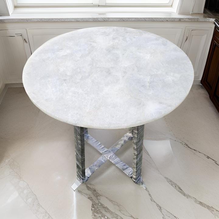Elegant White Quartz Round Table – Handmade Semi-Precious Stone Furniture for Home & Office Decor