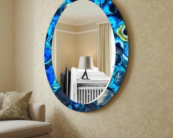 Elegante espejo de pared de ágata azul – Pieza única hecha a mano