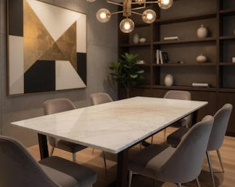 Handmade White Quartz Dining Table, Modern Crystal Countertop Slab