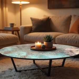 May include: An oval coffee table with a unique, marbled surface in shades of blue, gray, and white. The table has a black metal base and is set in a living room with a beige sofa and a fluffy white rug. A candle and plants sit on the table.