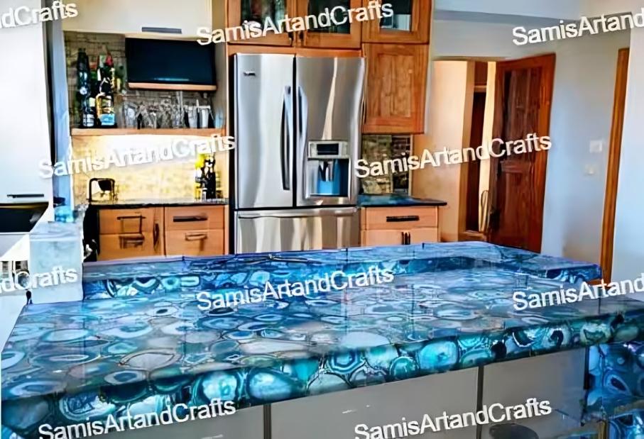 Blue Agate Stone Bar Counter Slab, Gemstone Kitchen Countertops, Agate Stone Console Table Top, Stone Furniture For Home Decor