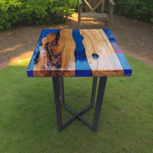 Blue Epoxy Resin Coffee Table, Custom Dine Table, Wooden Epoxy Unique River Art Countertop Handcrafted Table