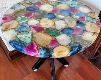 Mix Agate Round Table Top, Colorful Stone Inlay, Home Decor
