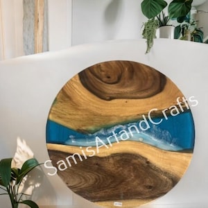 Blue Epoxy Resin table, Epoxy Side Table, Round Epoxy Table, Wooden Live Edge Table, Epoxy Resin Table, Luxury Wooden homes decor Furniture