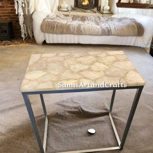 White Agate Table, Semi Precious  Stone Coffee Table, Modern Home & Kitchen Decor Furniture, Agate Console Table Top