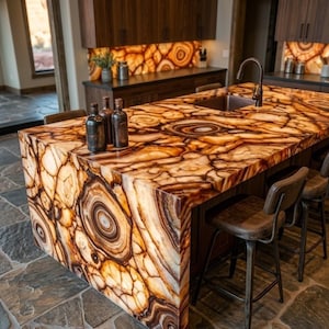 May include: A kitchen island with a unique, illuminated countertop featuring a brown and cream agate-like pattern. The island has a built-in sink and is surrounded by bar stools. Dark wooden cabinets and a backsplash with a similar design are visible.