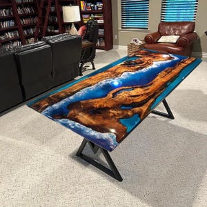 Wavy Blue River Epoxy Table Top with Acacia Wood | Dining/Coffee Table, Live Edge Wooden Table, (Customisable)