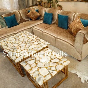 Luxuries White Agate Coffee Table, Agate Sofa Center Table & Agate Side Table Top, Living Room Decorative Handmade Furniture For home decor