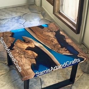 Blue Epoxy Wooden Coffee Table Top, Live Edge Epoxy Table, Square Sofa Console Table Top, Epoxy Wood Furniture For Home Decor