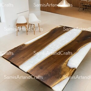 May include: A large wooden table with a white epoxy resin inlay. The table has a natural wood grain and is finished with a clear coat. The table is shown in a modern home setting.