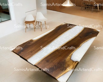 Tampo de mesa de jantar em madeira de nogueira com resina epóxi, rio de resina branca, decoração estilo fazenda.